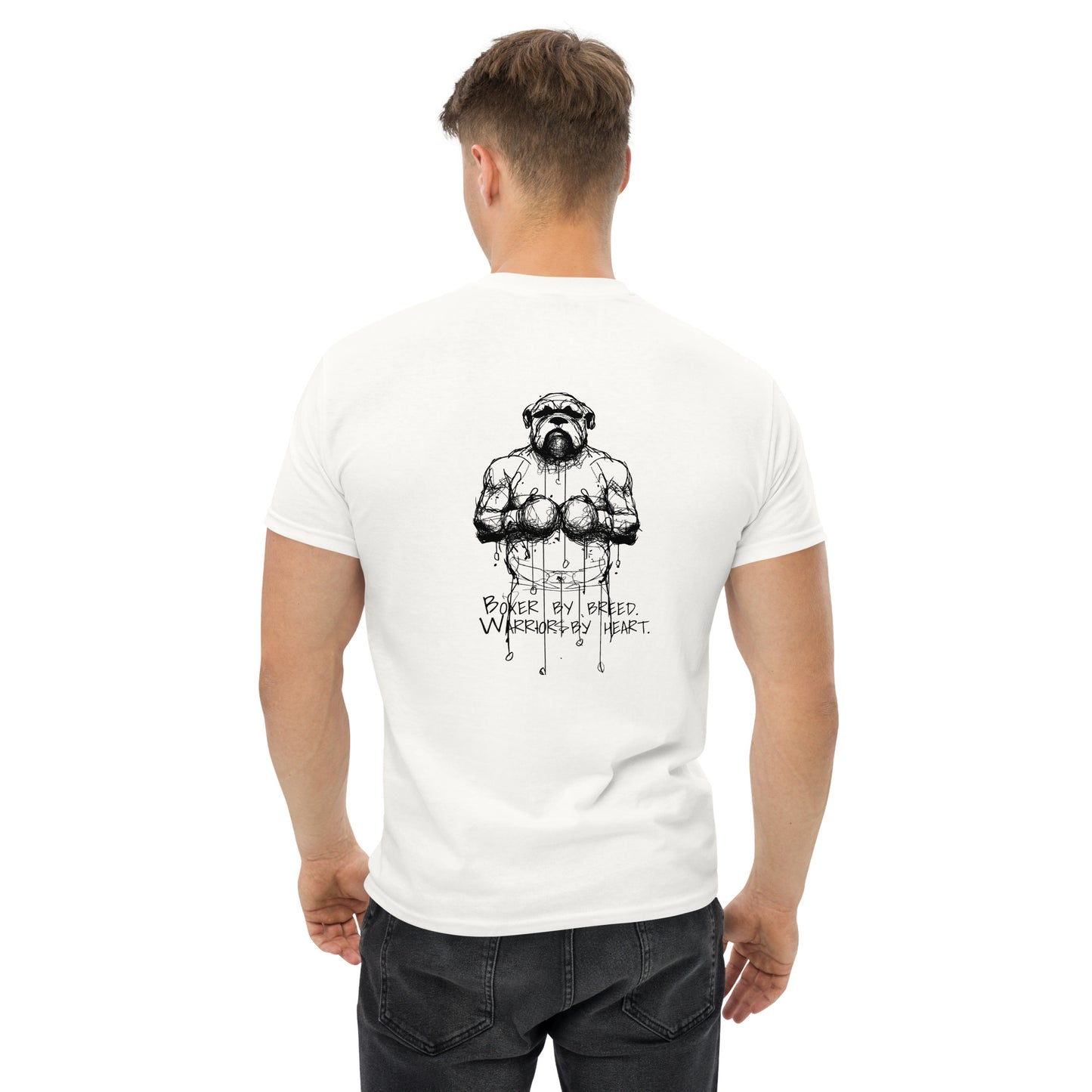 Unisex white T-shirt featuring a Boxer illustration from the Unleashed Lines series. Clean and minimal design with the artwork on the back, ideal for casual wear.