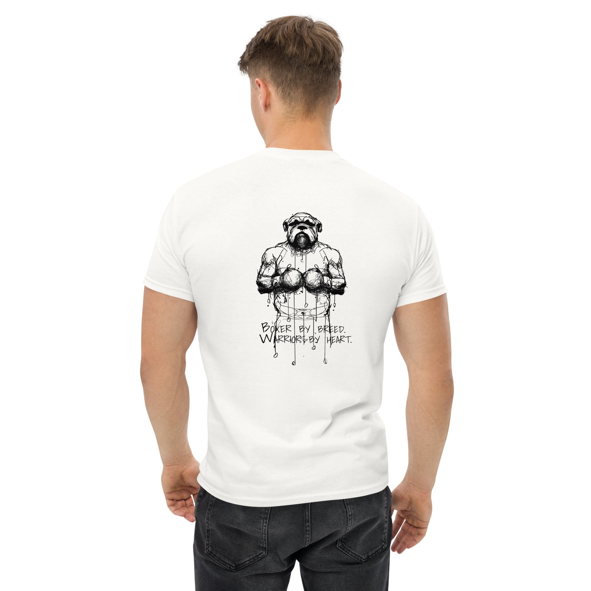 Unisex white T-shirt featuring a Boxer illustration from the Unleashed Lines series. Clean and minimal design with the artwork on the back, ideal for casual wear.