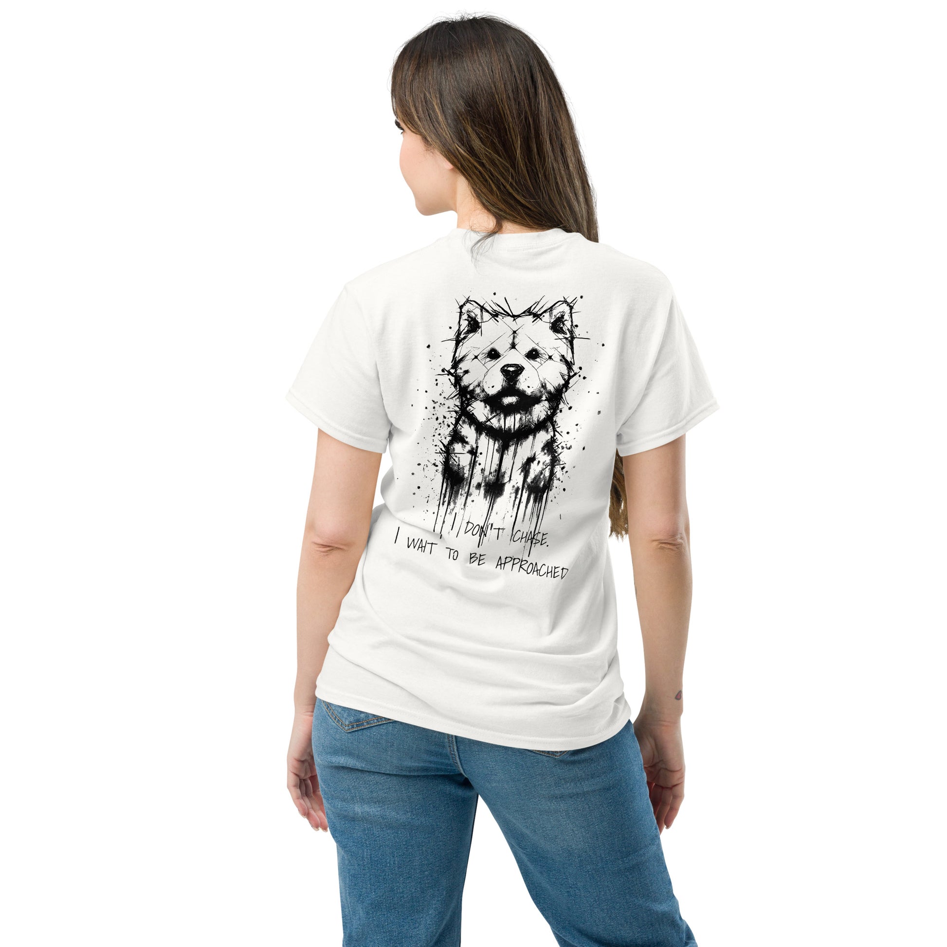 White unisex T-shirt – black ink Shiba Inu dog illustration, back view on female model.