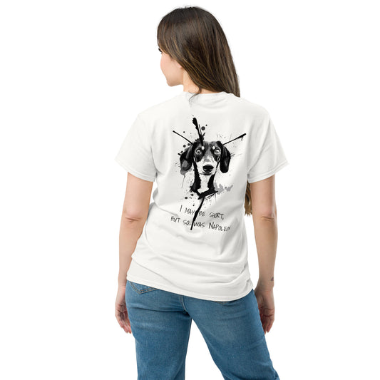 Unisex white T-shirt featuring a Boxer illustration from the Unleashed Lines series. Clean and minimal design with the artwork on the back, ideal for casual wear.
