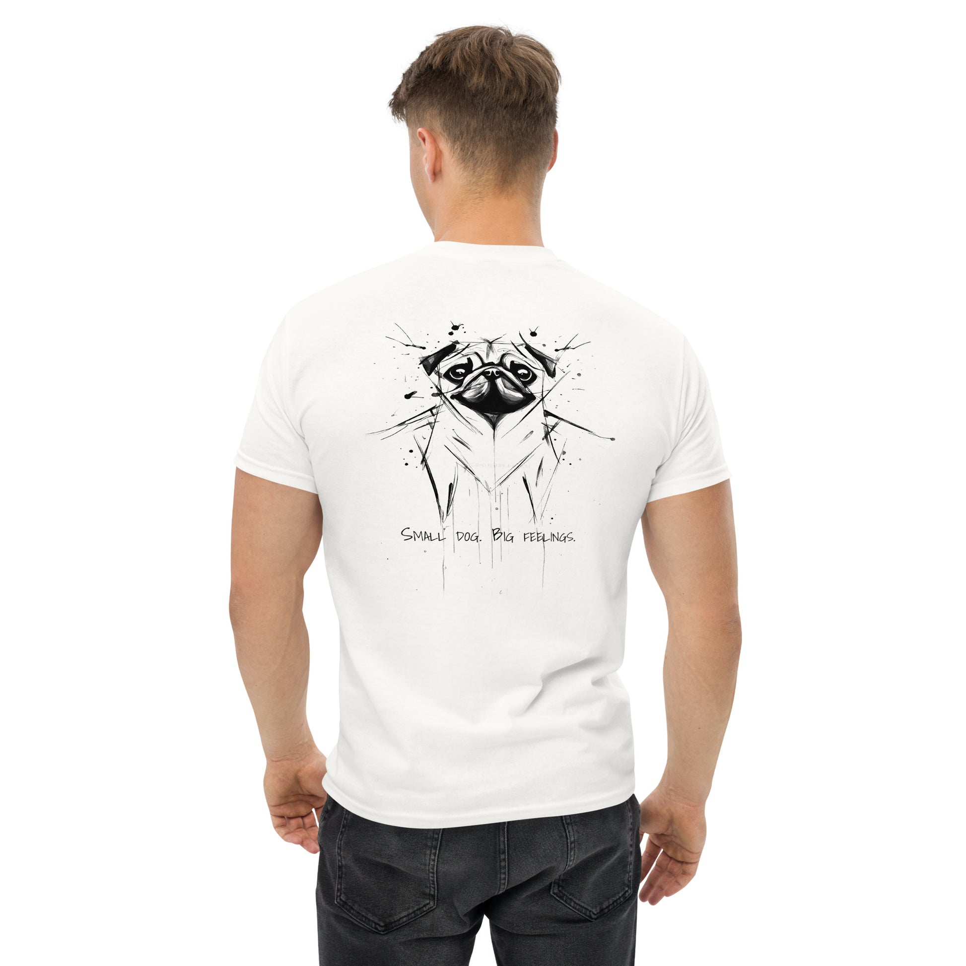 White unisex T-shirt – black ink pug illustration, back view on male model.