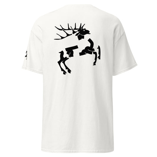 White t-shirt with an abstract black animal graphic from the Fragments series. The fragmented design creates a bold, minimalist visual contrast.
