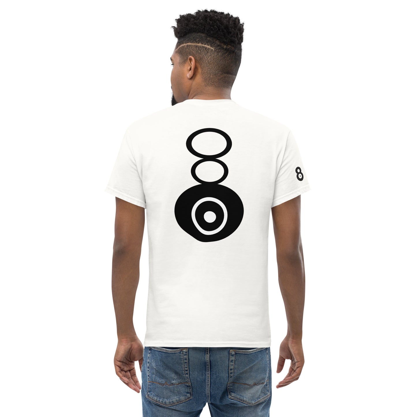 Back view of a white t-shirt featuring a vertical black eight-shaped graphic centered on the upper back. The stacked composition creates a clear structural rhythm against the white fabric.