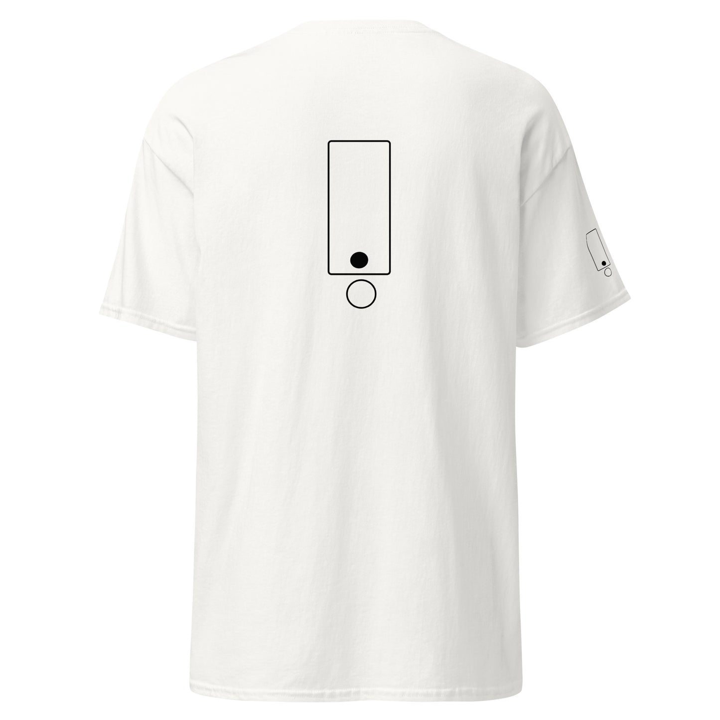Back view of the white t-shirt featuring the same vertical graphic with dot and open circle. The contrast highlights the clean geometry and precise placement.