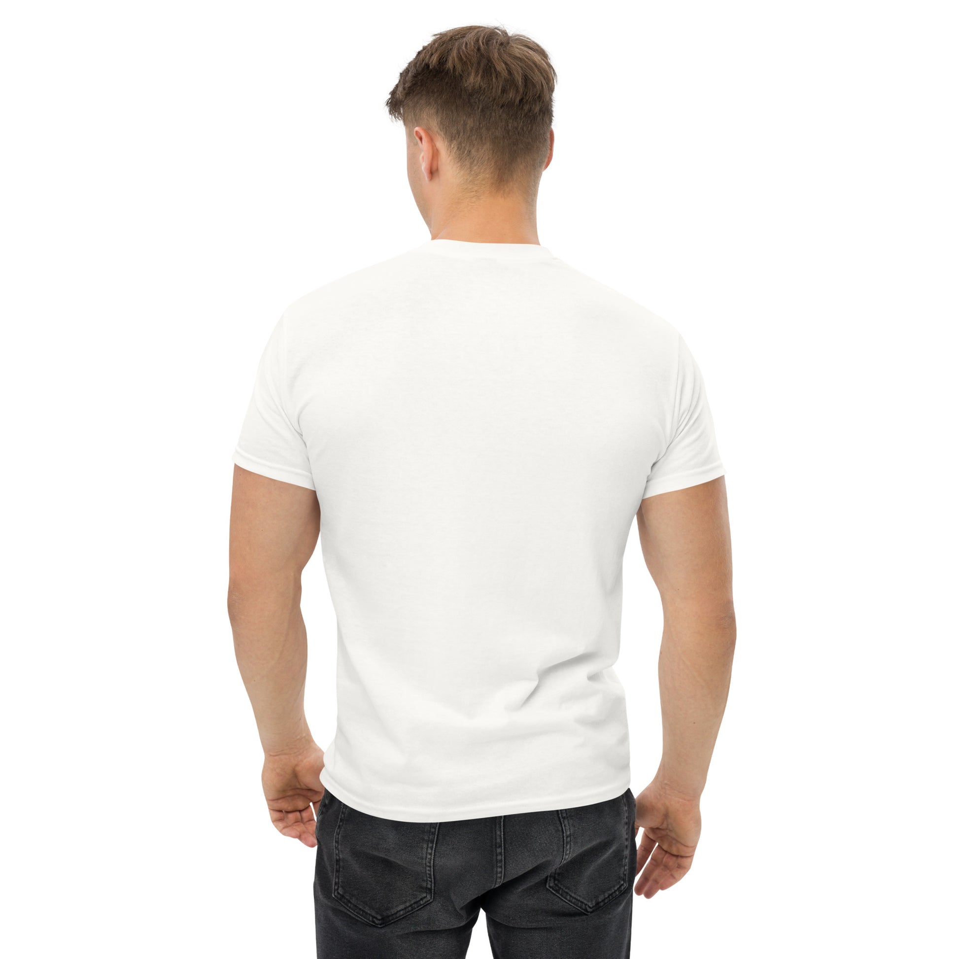 man wearing plain white t shirt back view minimal design