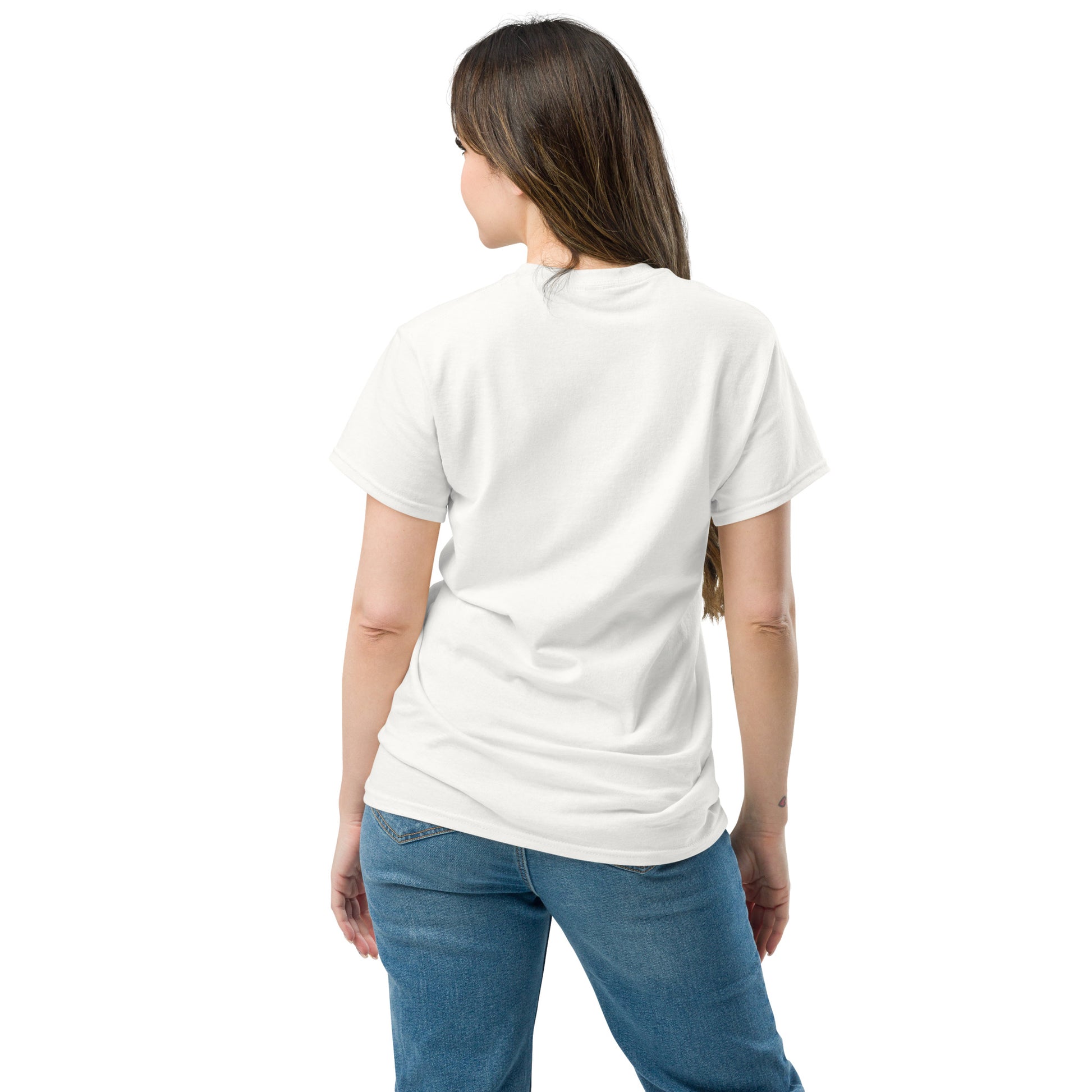 woman wearing plain white t shirt back view minimal design