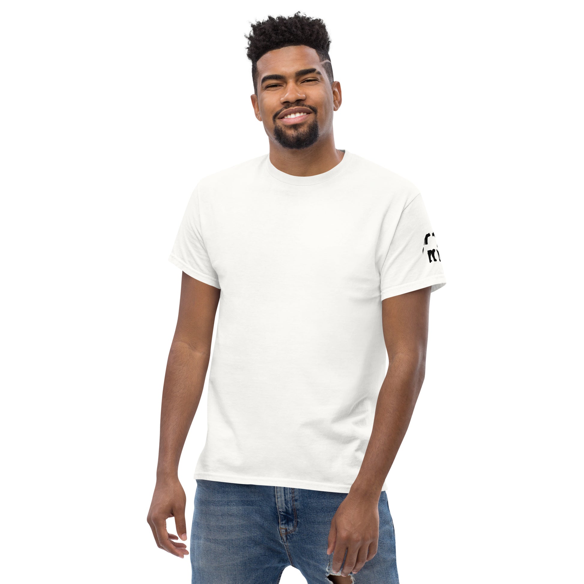 Straight-on front view highlighting the regular fit and balanced proportions. The plain front contrasts deliberately with the graphic-heavy back.