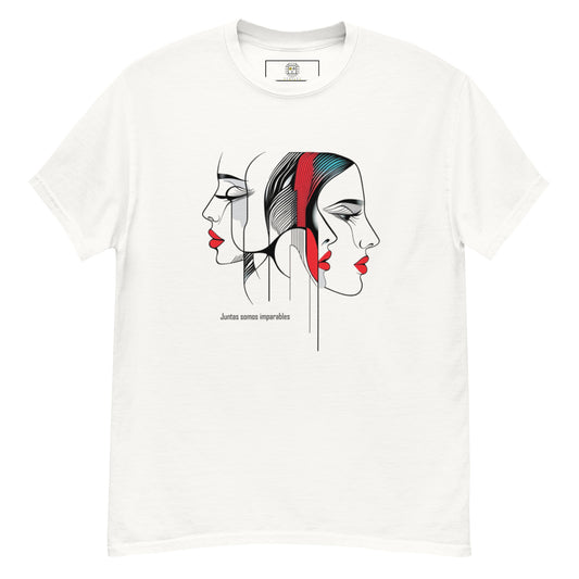 White unisex T-shirt — flat lay, front print: two female profiles (one in color, one line art), text sisterhood never ends.