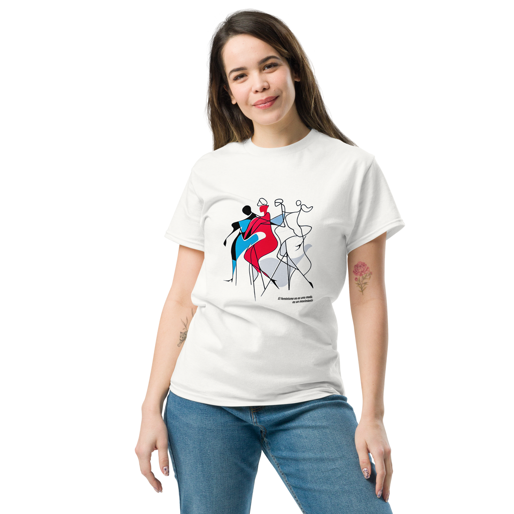 Female model wearing white T-shirt — front view, same abstract feminist design with text.