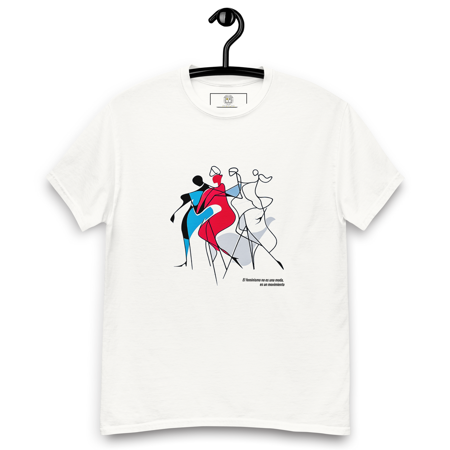  White T-shirt — front view, same abstract feminist design with text.