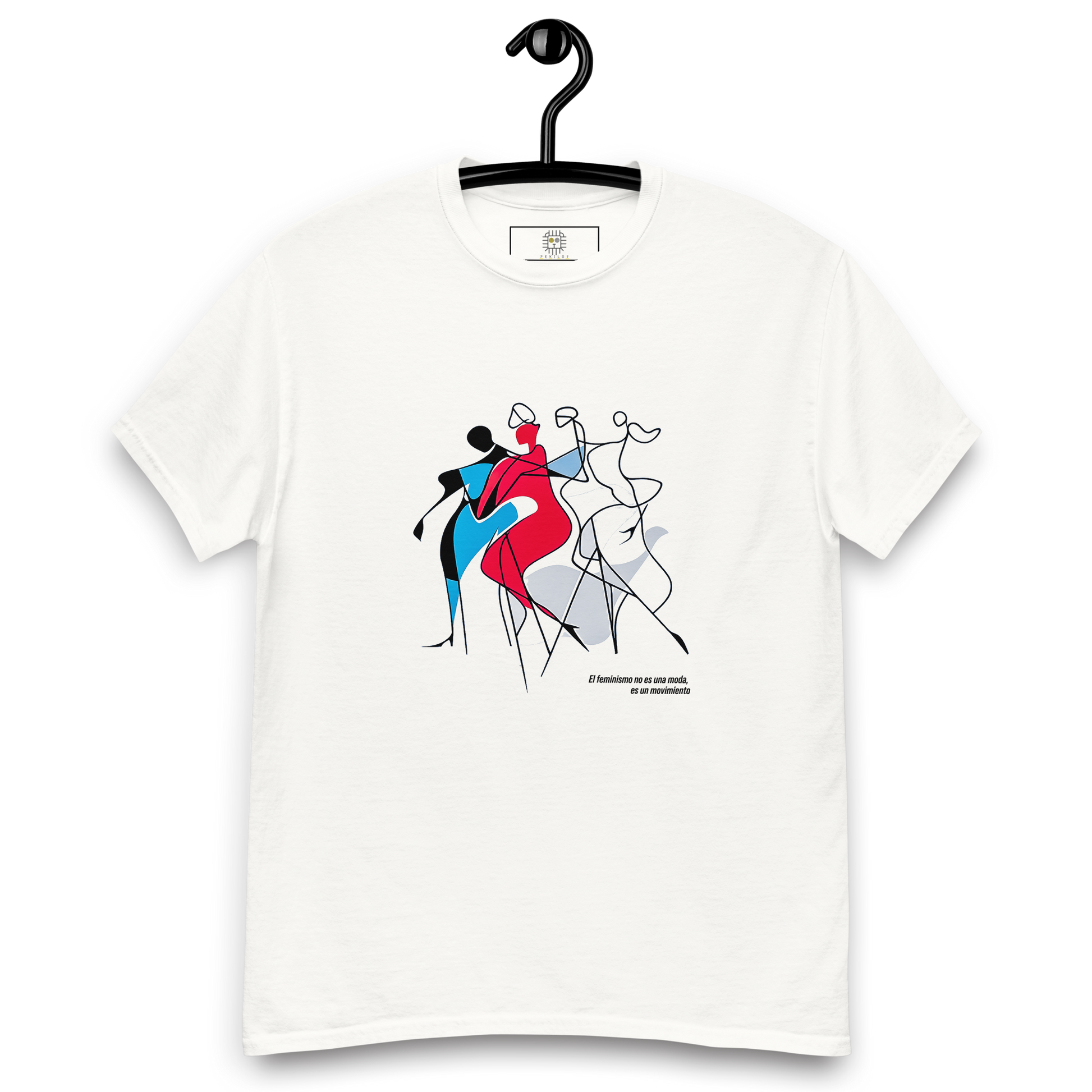  White T-shirt — front view, same abstract feminist design with text.