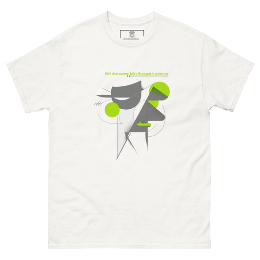 Light grey unisex T-shirt — flat lay, front print: abstract geometric figure with green circles, text “be yourself, everyone else is already taken.”