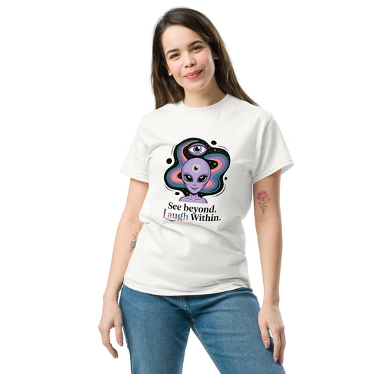 Female model wearing white T-shirt — front print: alien in cosmic background with text See beyond, I am Within.