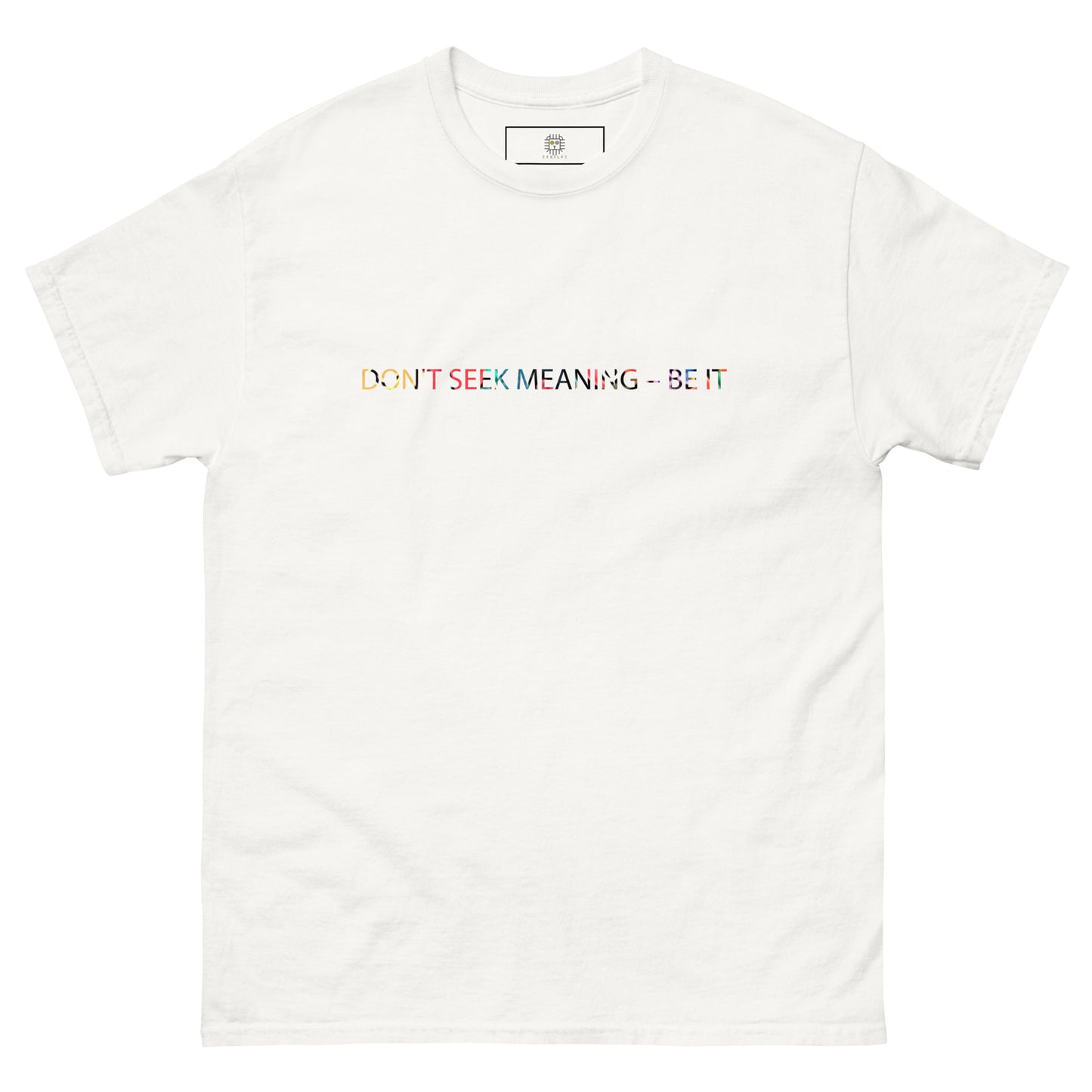 White unisex T-shirt – I Feel Normal rainbow text and colorful abstract illustration, front  view.