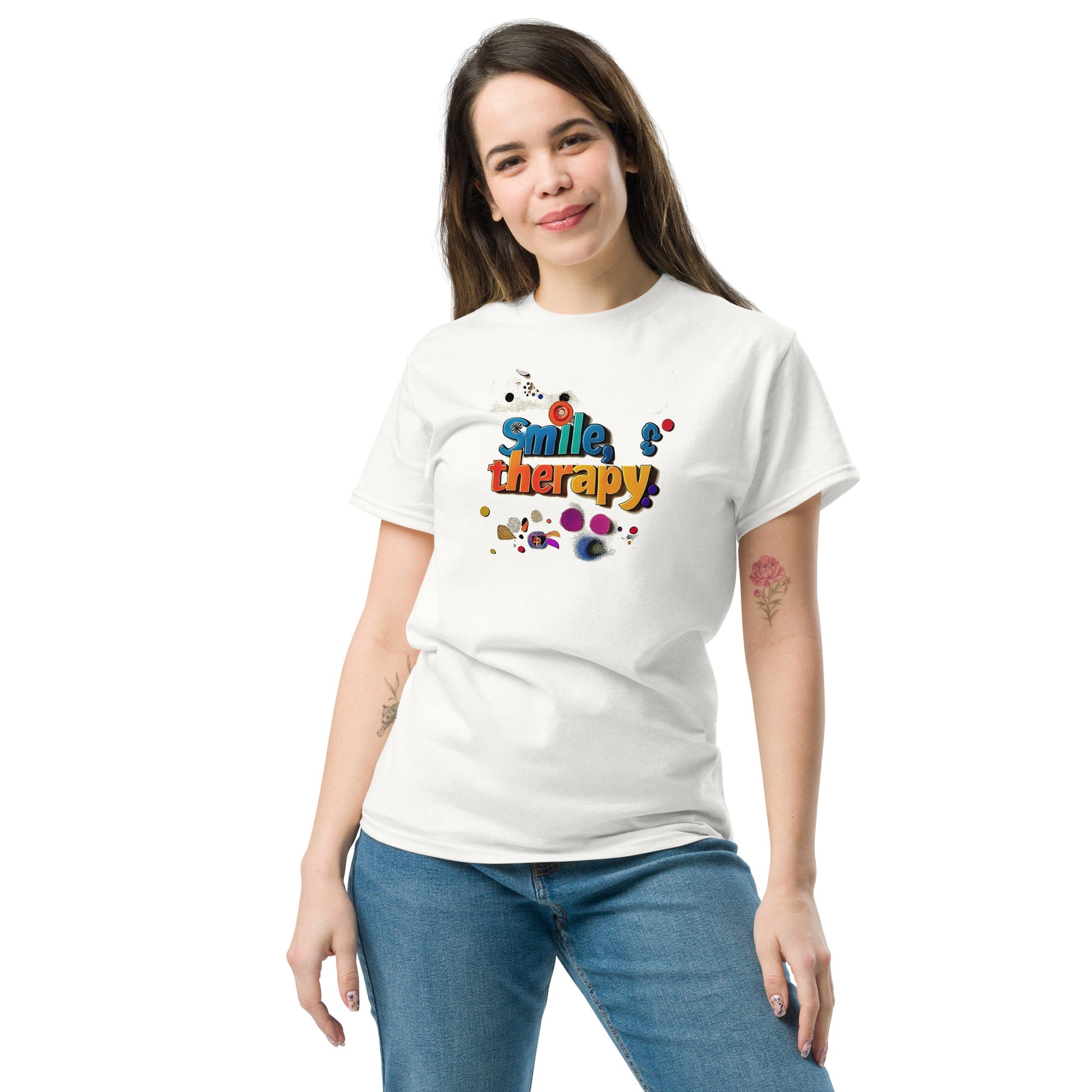 White unisex T-shirt – Colorful abstract art design, front view.