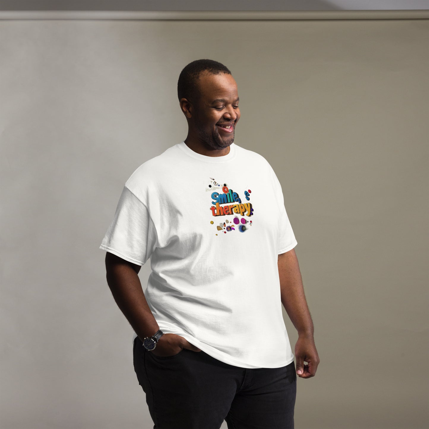White unisex T-shirt – Colorful abstract art design, front view.