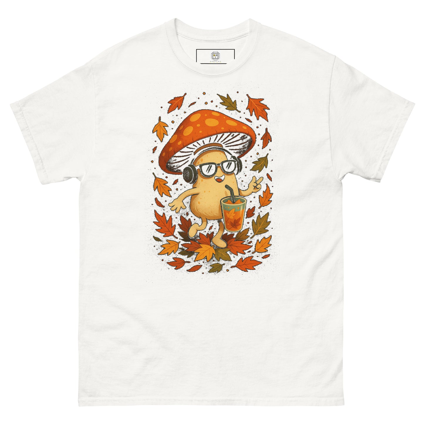 White T-shirt (flat lay) – cheerful mushroom design with autumn vibes on the front.