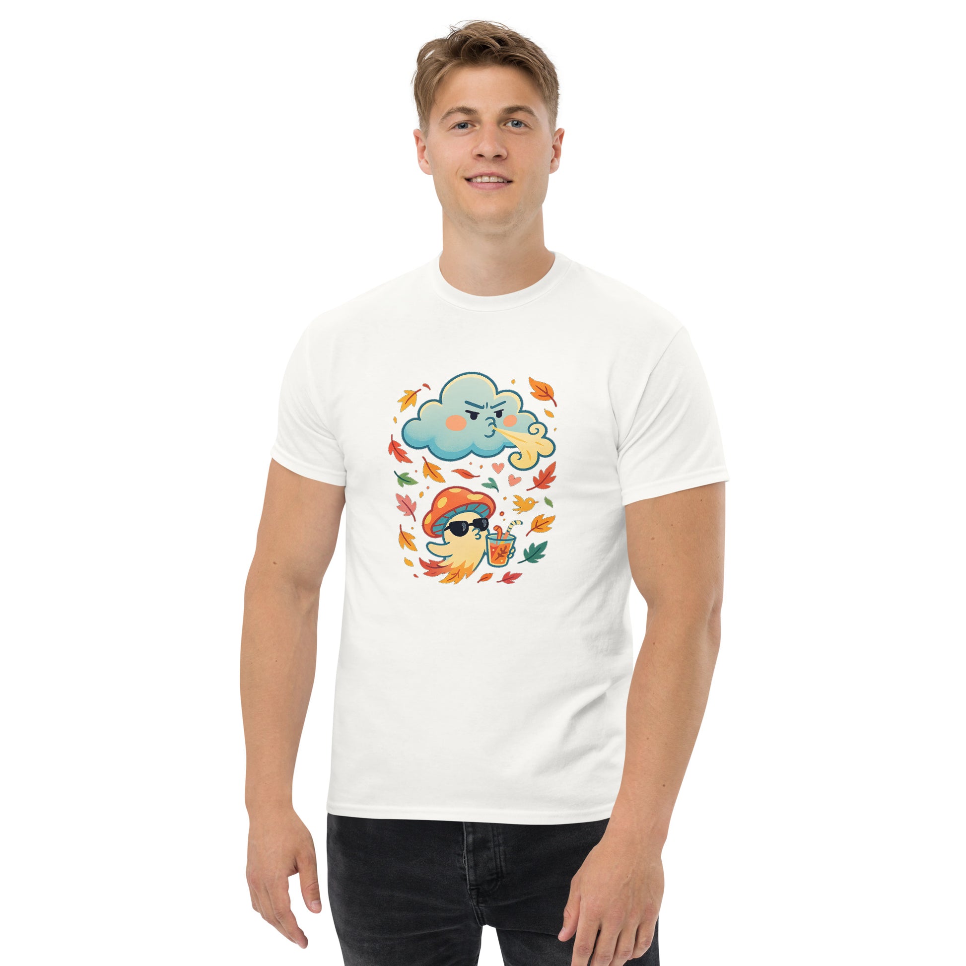 Male model in white T-shirt (second) – White graphic tee with cartoon mushroom and autumn vibes, MushLOL Collection.