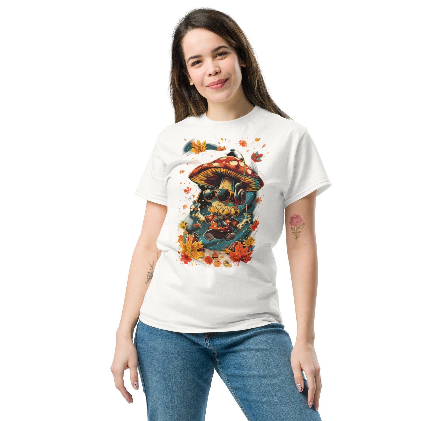 Female model in white T-shirt – Woman wearing relaxed-fit white t-shirt with autumn mushroom DJ design, MushLOL Collection.