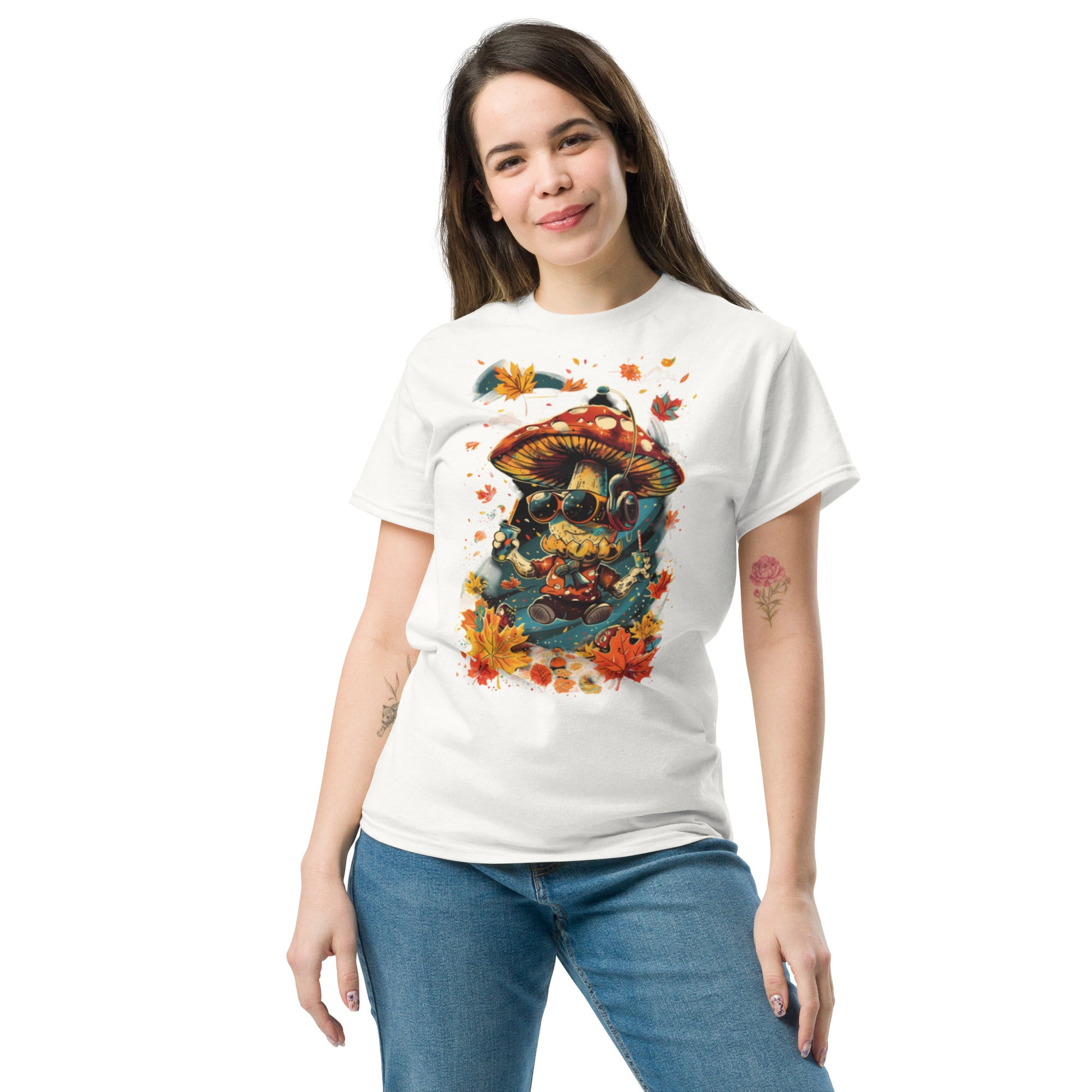 Female model in white T-shirt – Woman wearing relaxed-fit white t-shirt with autumn mushroom DJ design, MushLOL Collection.