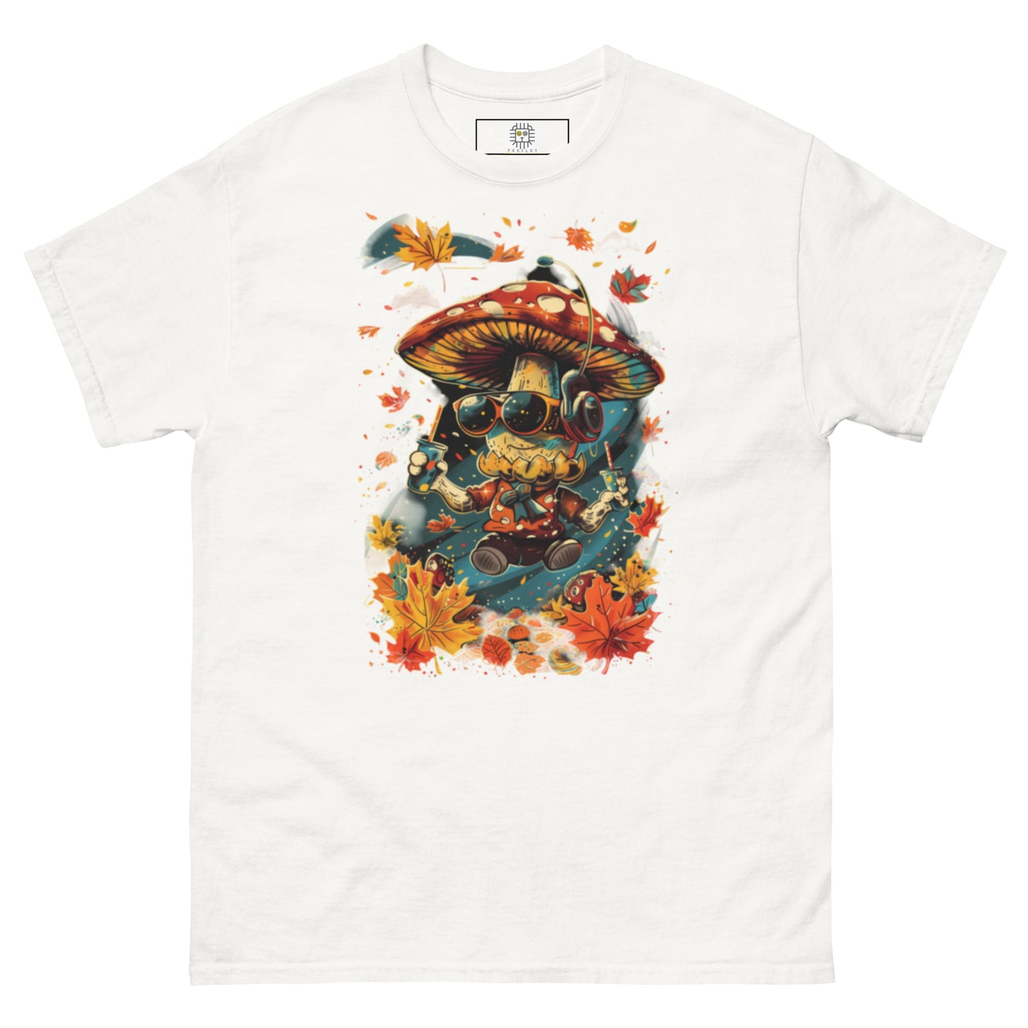 White flat lay T-shirt – White autumn graphic tee with funky mushroom DJ design, MushLOL Collection.