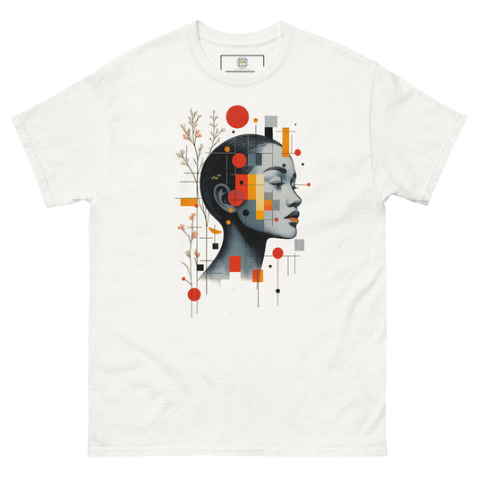 Abstract geometric female portrait t-shirt design on white unisex tee