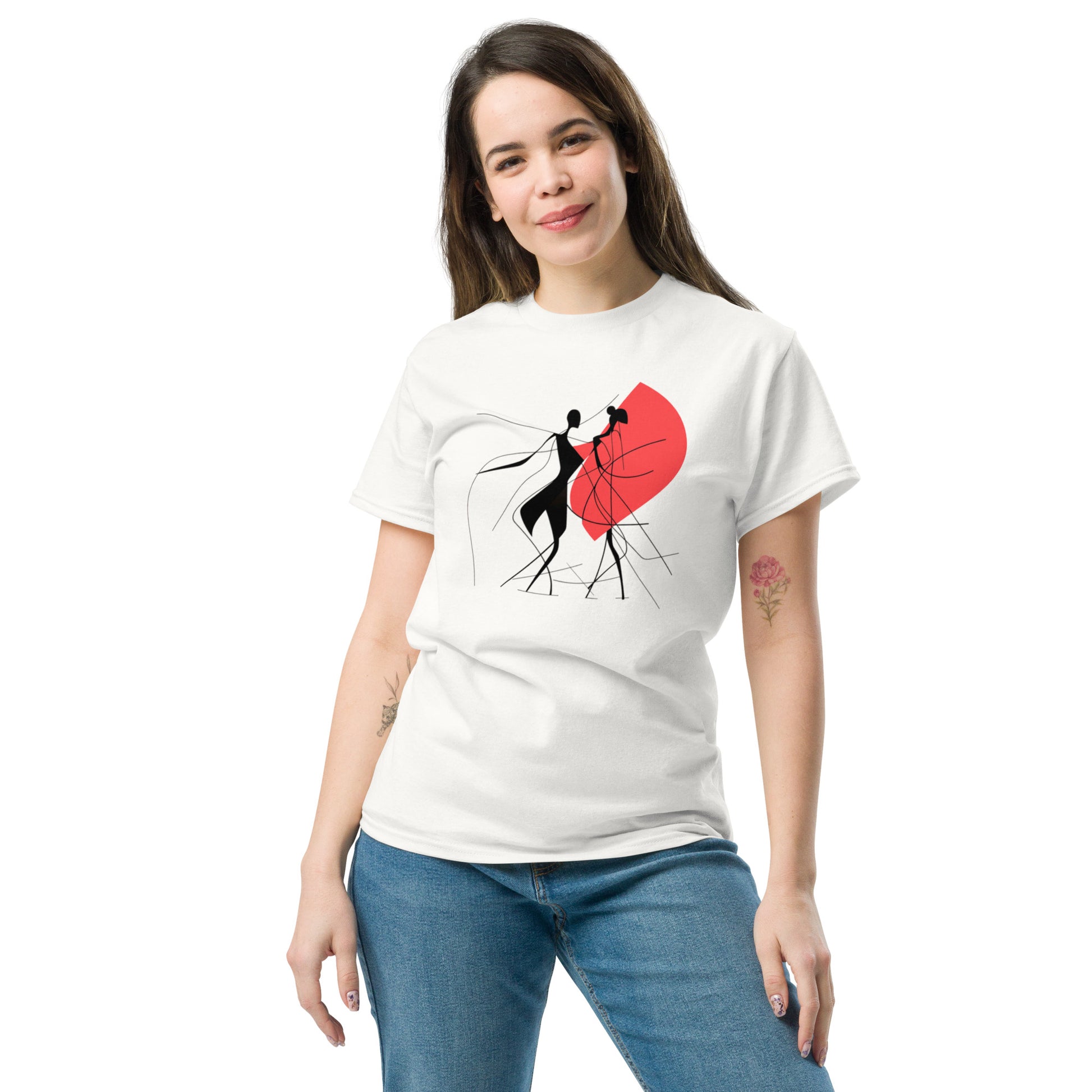 Woman wearing white t-shirt with abstract black line drawing and red circle design – Fluid Elegance Collection