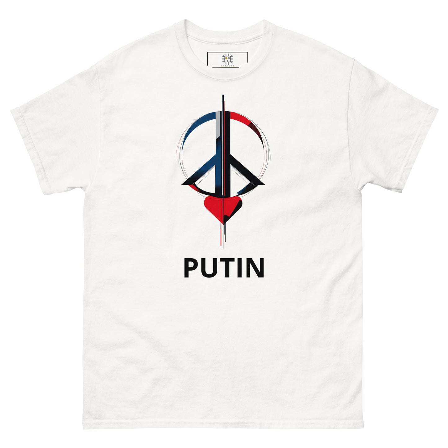 White unisex t-shirt featuring a minimalist political graphic with a peace symbol and red heart, centered on the chest, with the word PUTIN printed below the design.