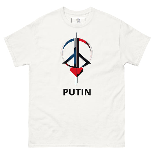 White unisex t-shirt featuring a minimalist political graphic with a peace symbol and red heart, centered on the chest, with the word PUTIN printed below the design.