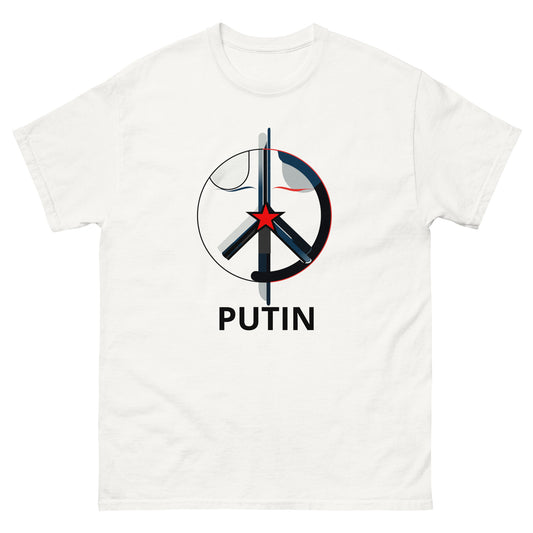 Front view of a white unisex t-shirt with a centered peace symbol graphic in red, blue, and black, featuring the word PUTIN printed below the design.