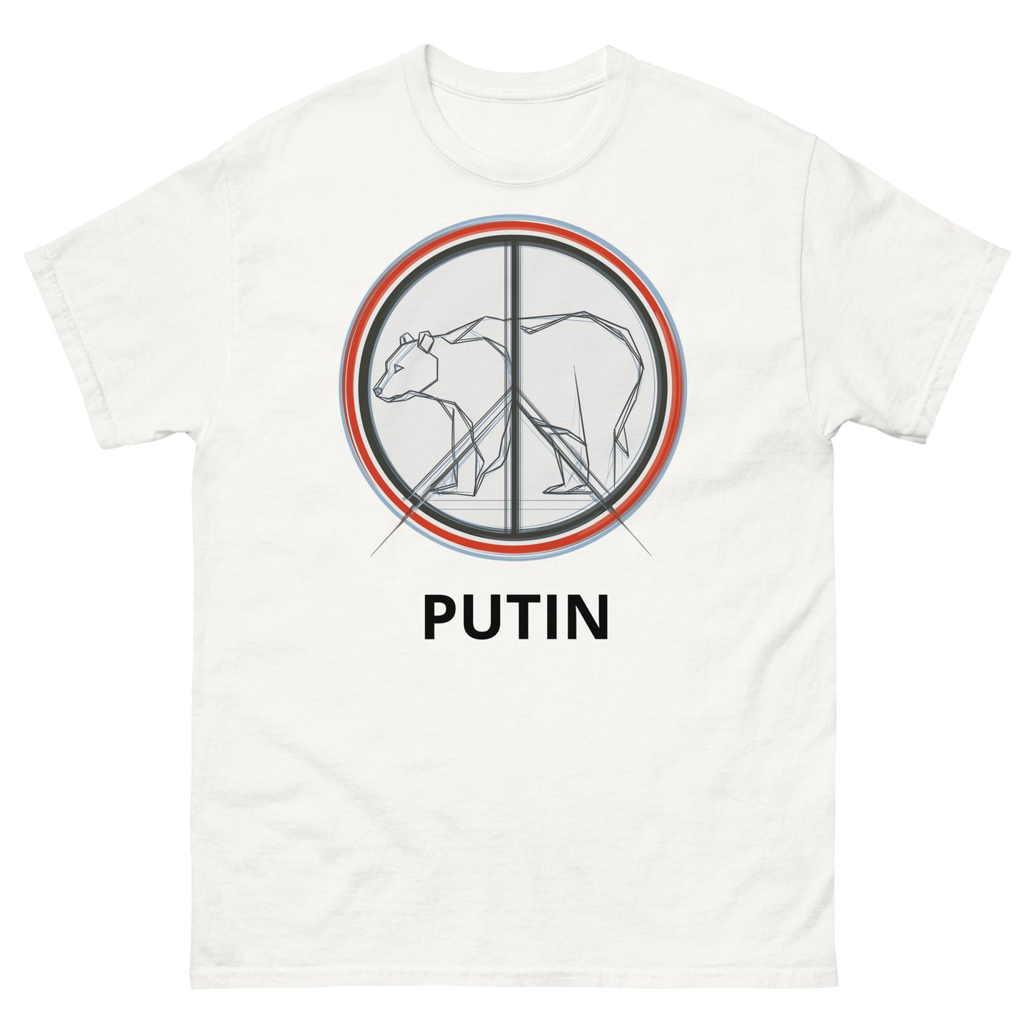 Front view of a white unisex t-shirt with a centered peace symbol graphic in red, blue, and black, featuring the word PUTIN printed below the design.