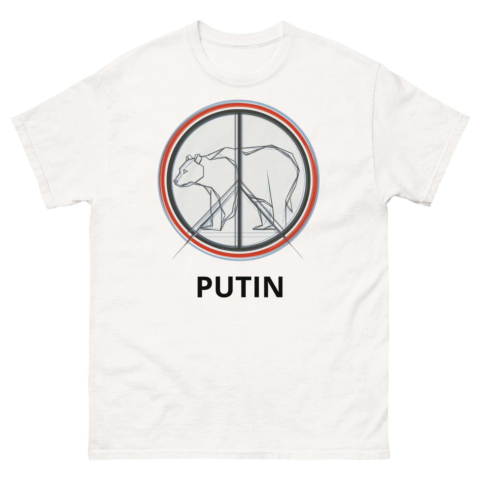 Front view of a white unisex t-shirt with a centered peace symbol graphic in red, blue, and black, featuring the word PUTIN printed below the design.