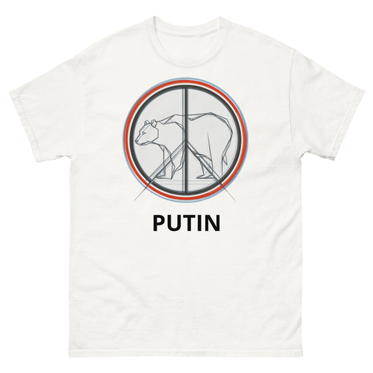 Front view of a white unisex t-shirt with a centered peace symbol graphic in red, blue, and black, featuring the word PUTIN printed below the design.
