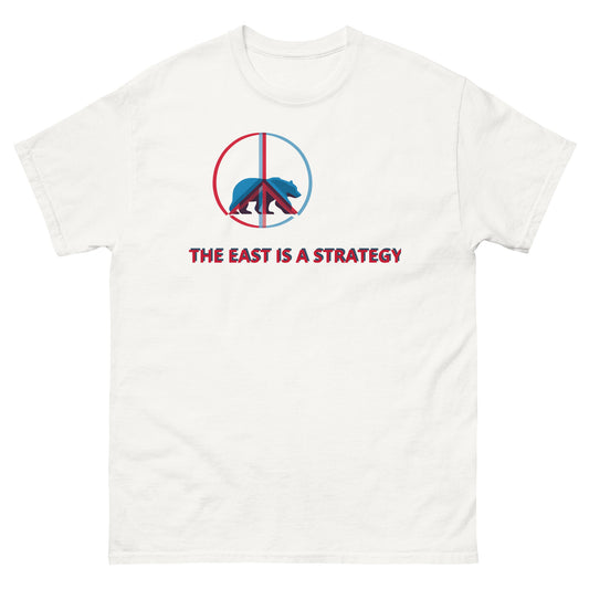 White t-shirt featuring a minimalist political graphic with the statement “THE EAST IS A STRATEGY.”
The composition uses a restrained circular form with red and blue accents, emphasizing direction, calculation, and long-term intent rather than emotion.
The design frames leadership as deliberate choice and geopolitical positioning.