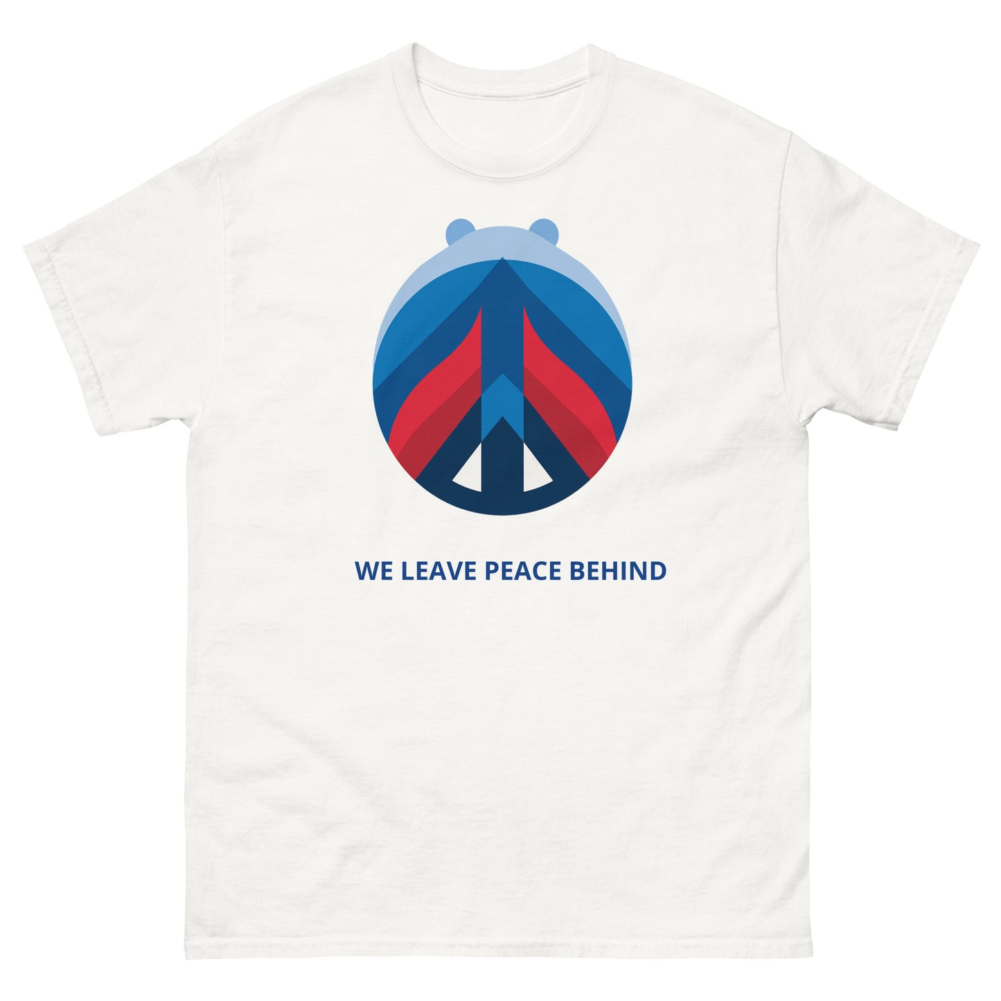 White t-shirt featuring a geometric political graphic with the statement “WE LEAVE PEACE BEHIND.”
The composition uses layered red and blue shapes arranged around a central peace symbol, creating a sense of movement and departure.
The design reflects the idea that peace is not permanent or symbolic, but conditional — shaped by direction, decisions, and power.