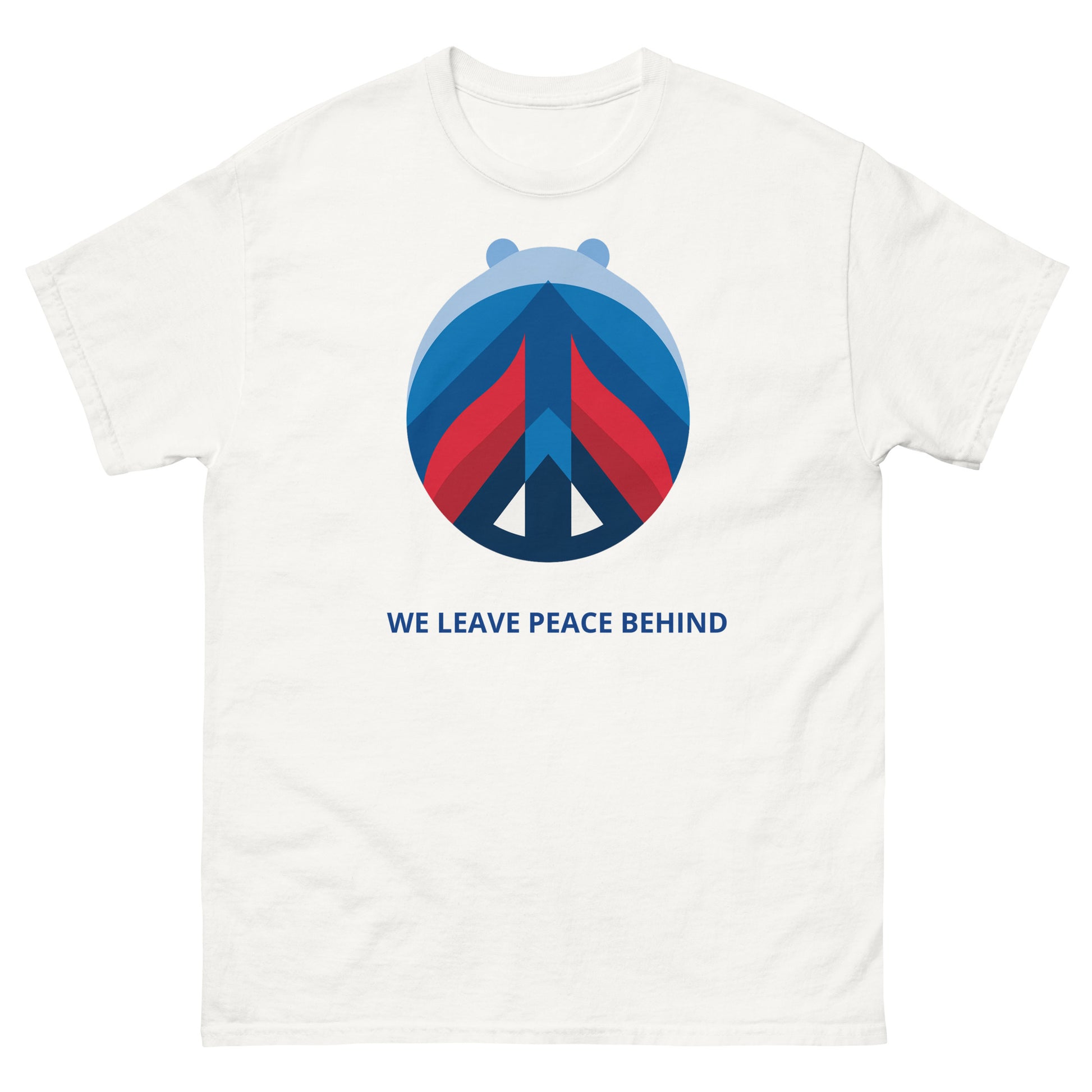 White t-shirt featuring a geometric political graphic with the statement “WE LEAVE PEACE BEHIND.”
The composition uses layered red and blue shapes arranged around a central peace symbol, creating a sense of movement and departure.
The design reflects the idea that peace is not permanent or symbolic, but conditional — shaped by direction, decisions, and power.