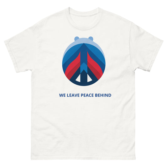 White t-shirt featuring a geometric political graphic with the statement “WE LEAVE PEACE BEHIND.”
The composition uses layered red and blue shapes arranged around a central peace symbol, creating a sense of movement and departure.
The design reflects the idea that peace is not permanent or symbolic, but conditional — shaped by direction, decisions, and power.