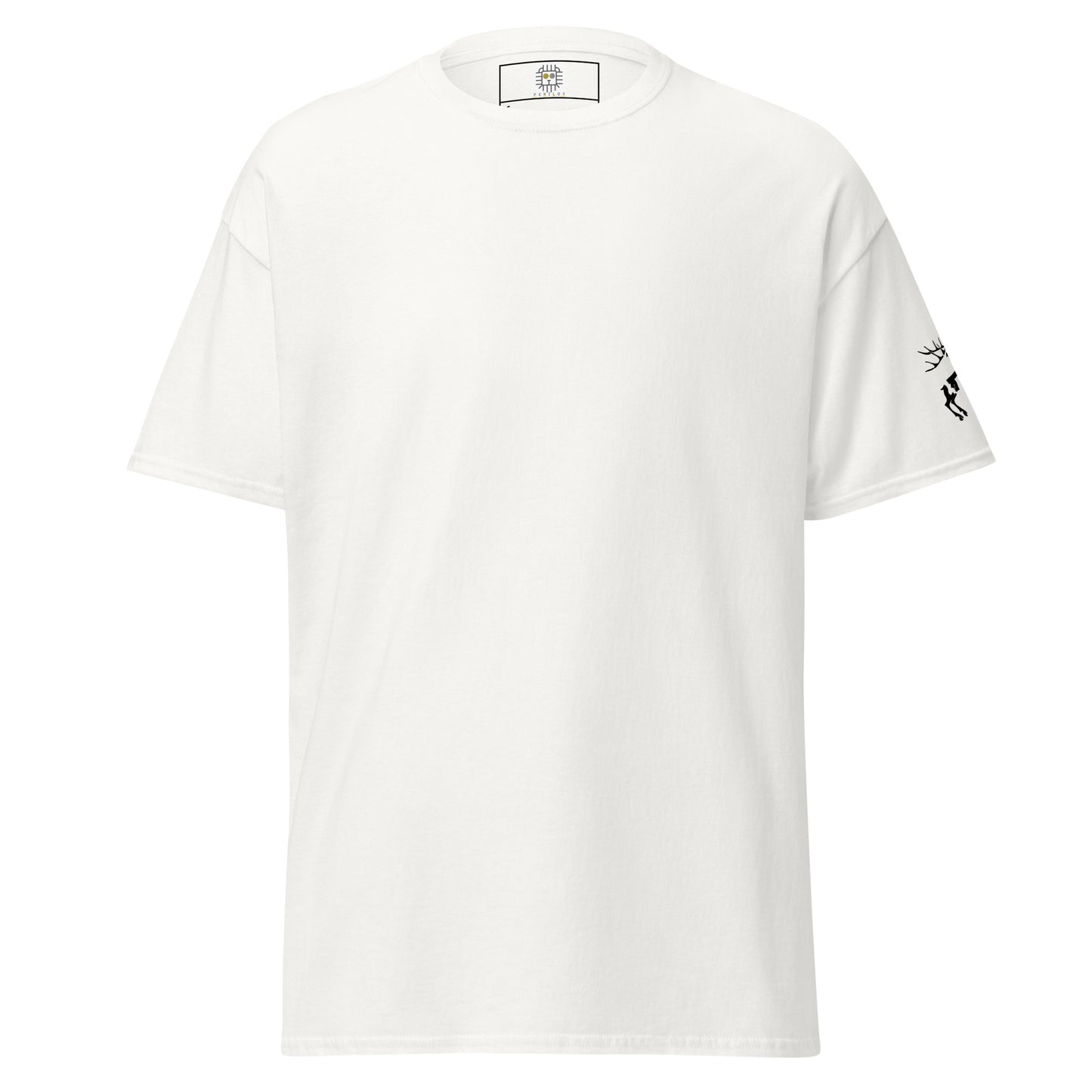 Front view of a white t-shirt with a minimalist black abstract animal print. The design is centered and clearly visible on the chest.