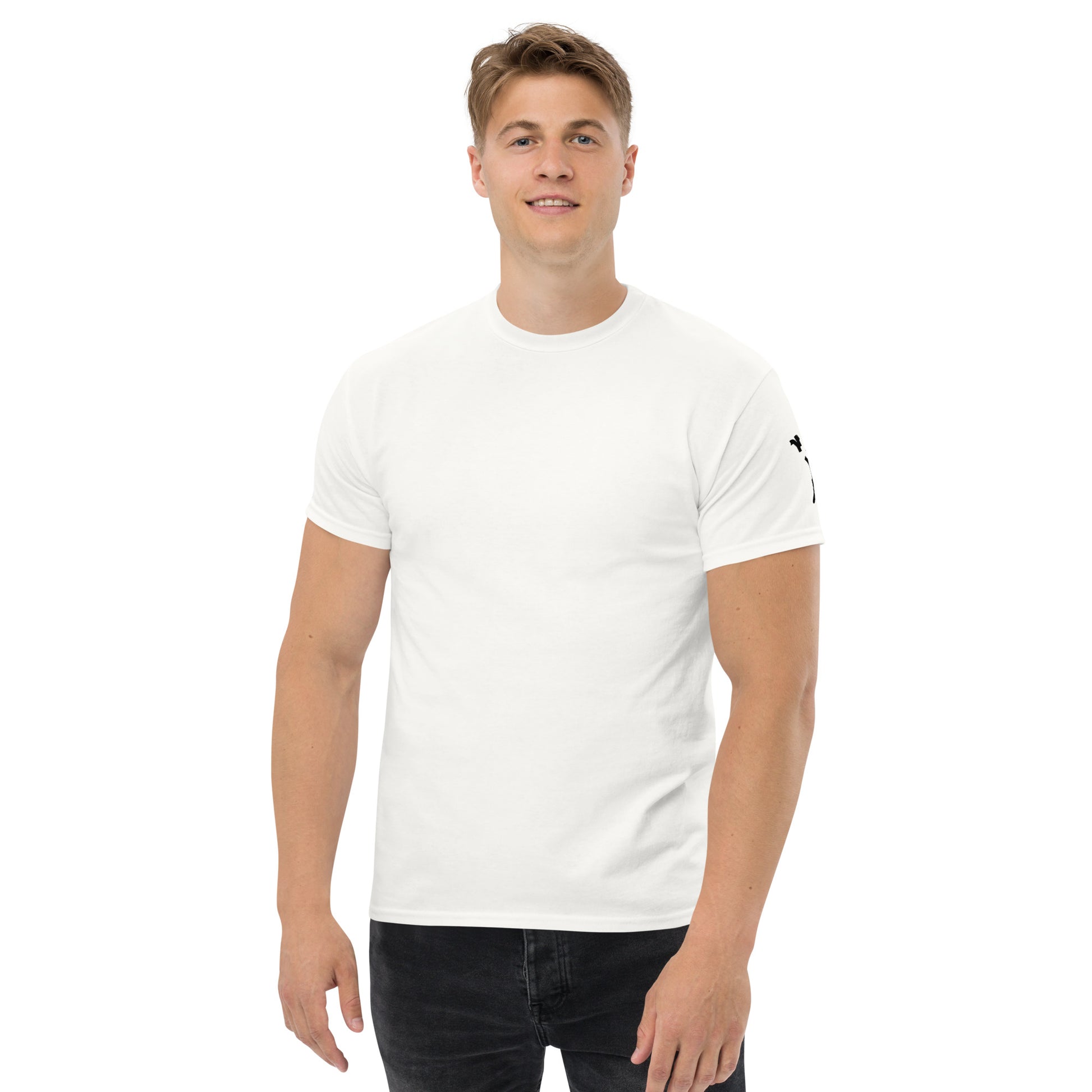 Front view of the white t-shirt worn by a model. The front remains clean and unprinted, emphasizing the contrast between the minimal front and the graphic-focused back.