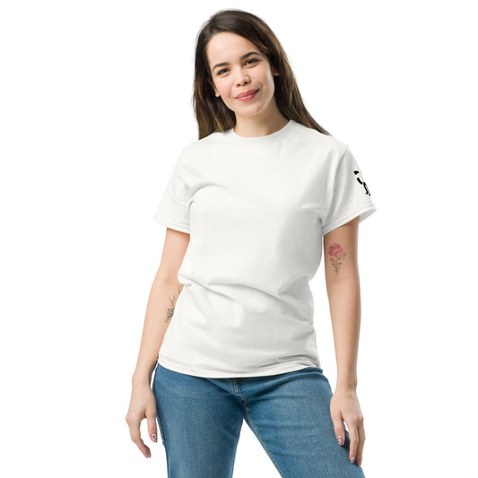 Front view of the white t-shirt on a female model. The front is intentionally left blank, creating a minimal contrast to the expressive graphic placed on the back.