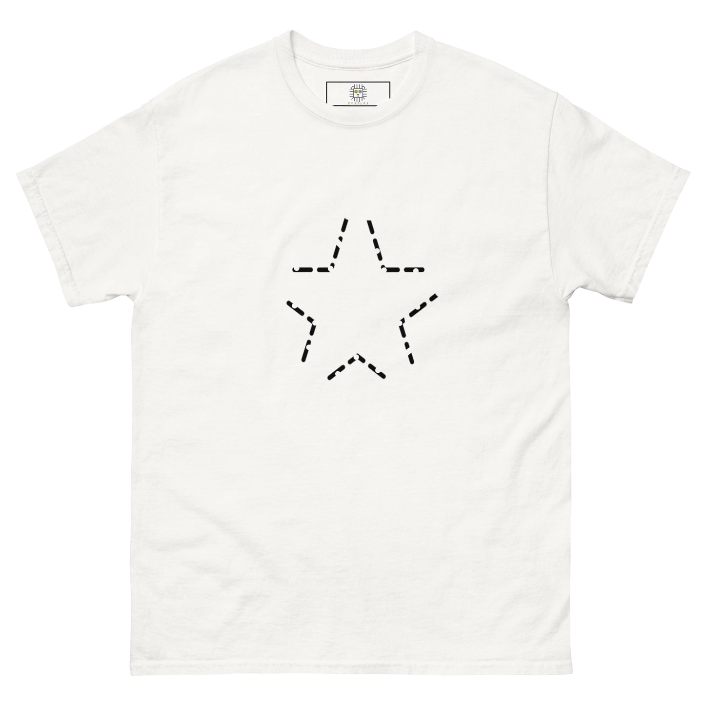 Front view of a white t-shirt featuring a dashed black star graphic centered on the chest. The broken line creates a light, unfinished outline rather than a solid symbol.