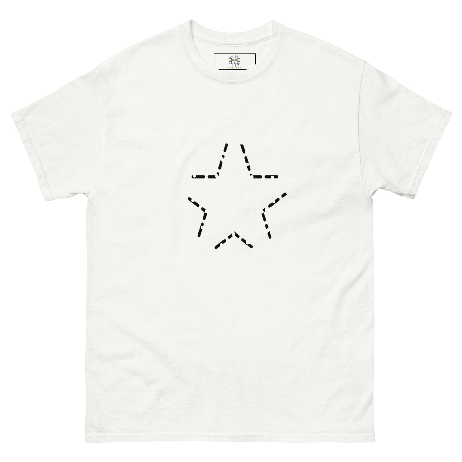 Front view of a white t-shirt featuring a dashed black star graphic centered on the chest. The broken line creates a light, unfinished outline rather than a solid symbol.