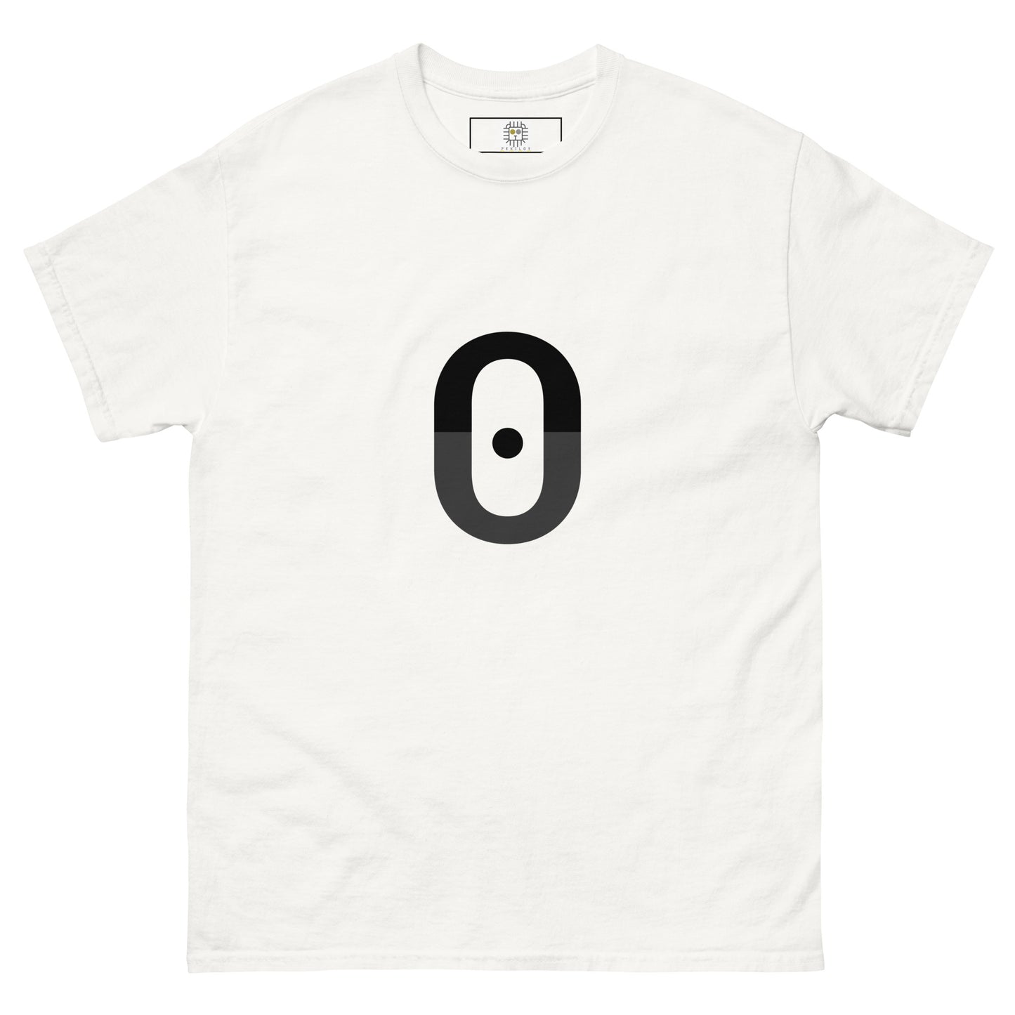 Product Front view of a white t-shirt featuring a vertical black zero-shaped symbol centered on the chest. The form is clean and minimal, with the inner dot positioned precisely in the middle.mockup
