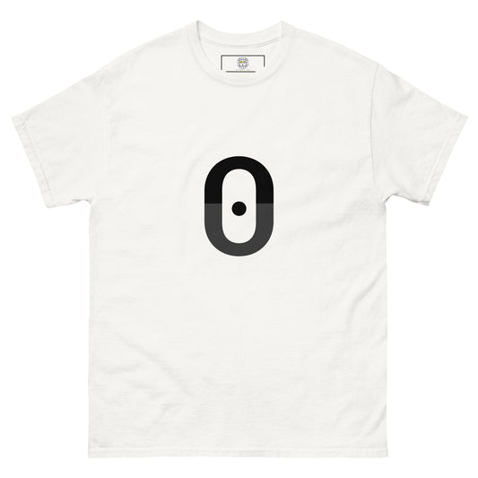 Product Front view of a white t-shirt featuring a vertical black zero-shaped symbol centered on the chest. The form is clean and minimal, with the inner dot positioned precisely in the middle.mockup