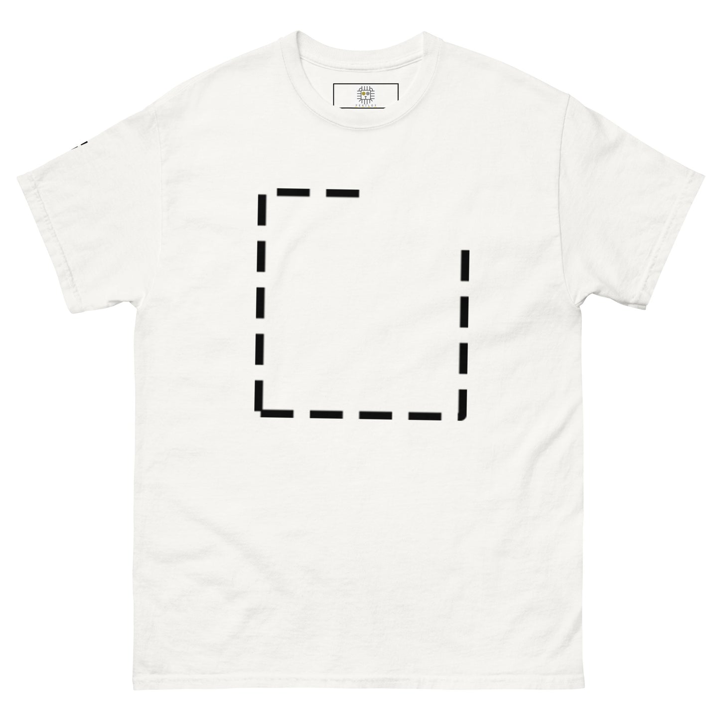 Front view of the white t-shirt featuring the same dashed and slightly rotated square graphic. The high contrast emphasizes the broken outline and geometric structure.