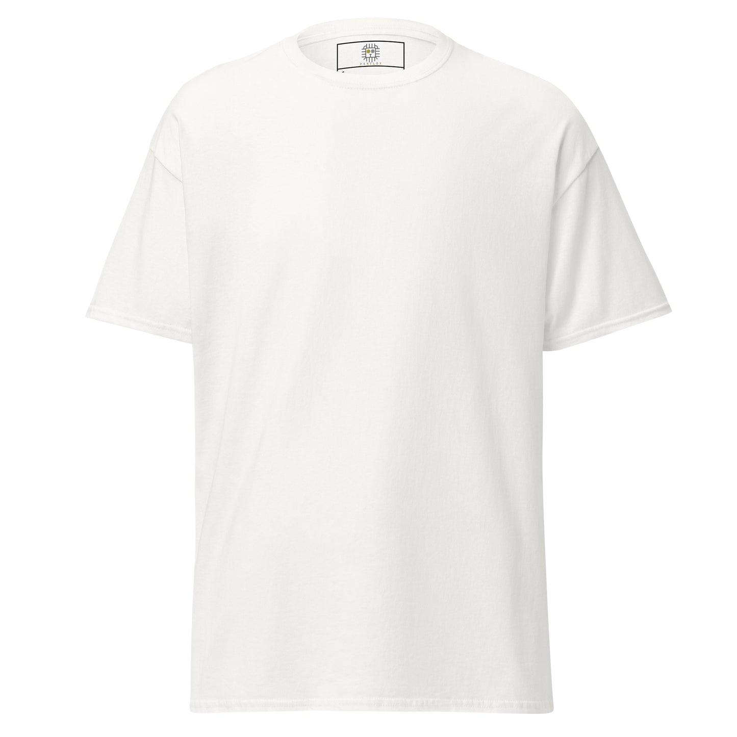 Front view of the white t-shirt with no graphics. The empty front reinforces the back-focused concept of the design.