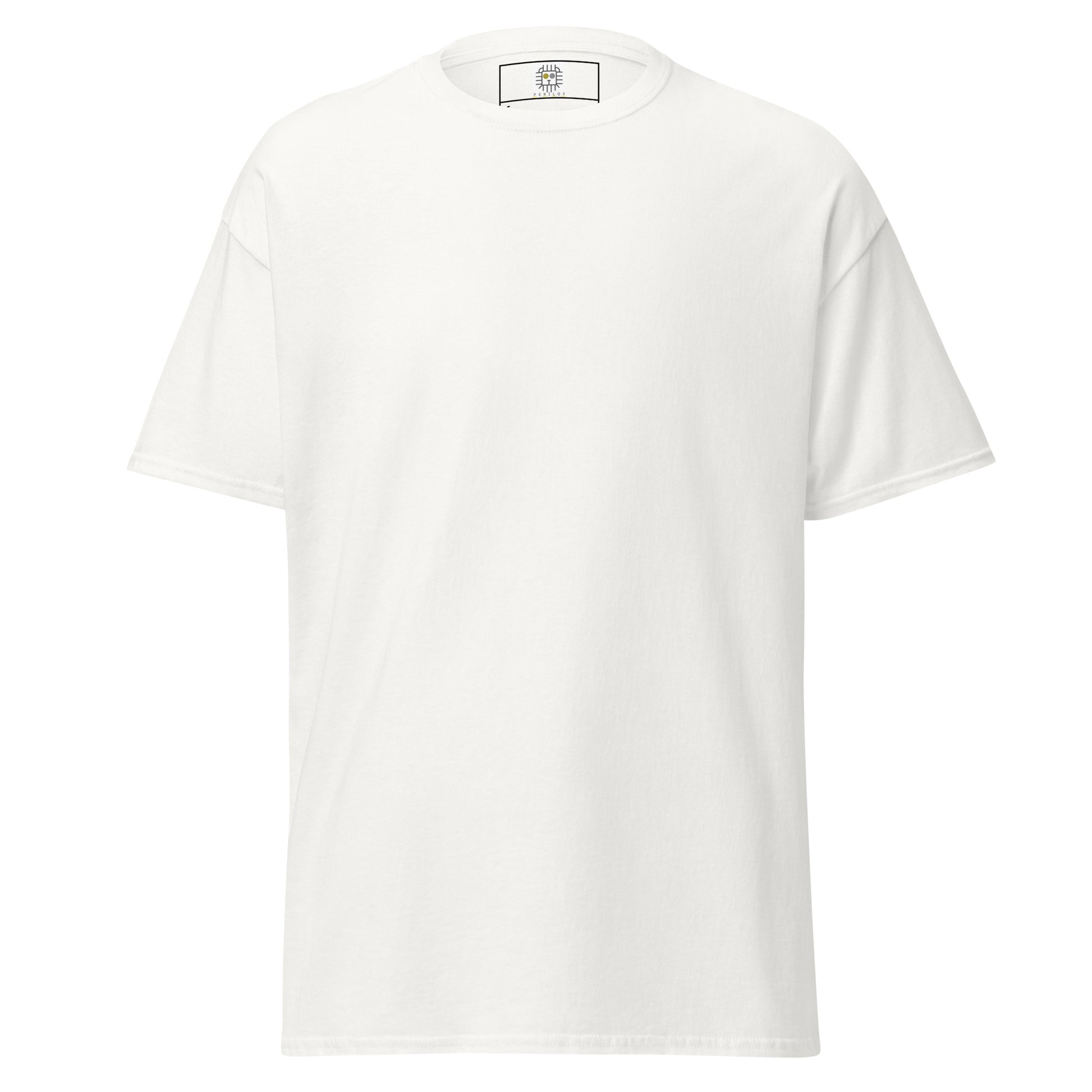 Front view of the white t-shirt with no graphics. The empty front reinforces the back-focused concept of the design.