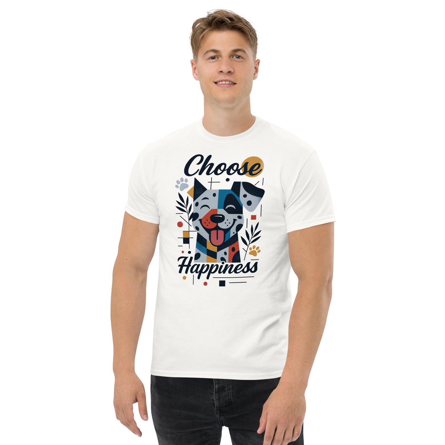 man wearing white t shirt with cute dog graphic choose happiness print front view