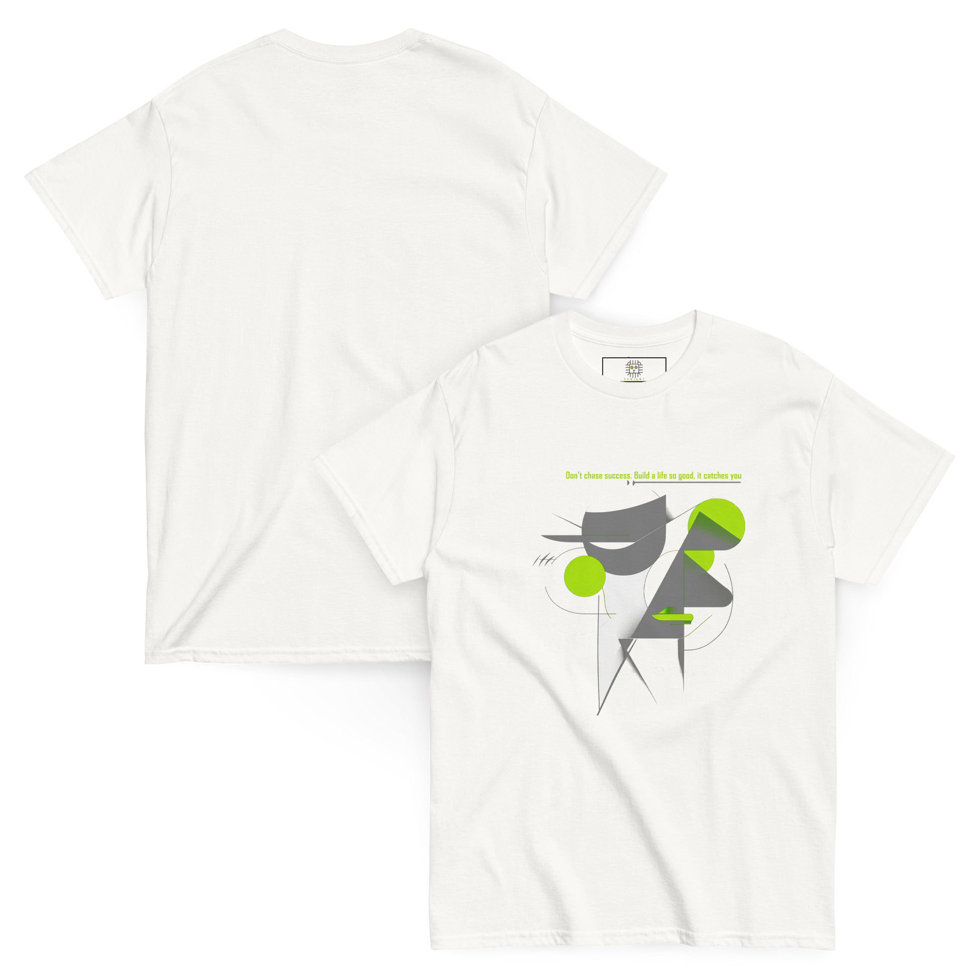Two white T-shirts (flat lay, folded) — front print: abstract geometric figure with green circles, text “be yourself, everyone else is already taken.”