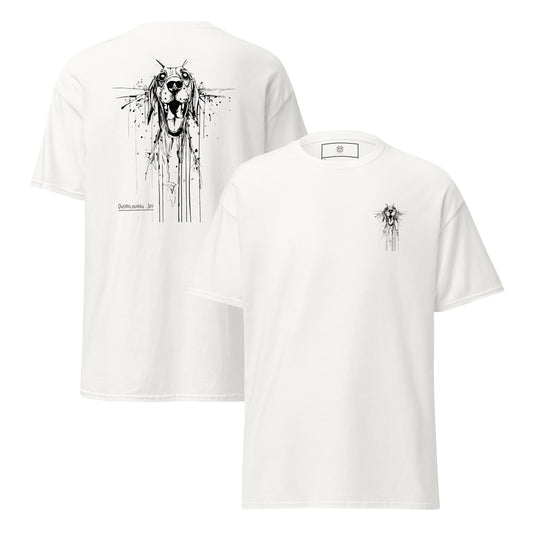 White T-shirt, front view, hand-drawn Beagle with quote "Miss You", 